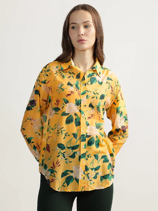 Gant Women Yellow Printed Spread Collar Full Sleeves Shirt