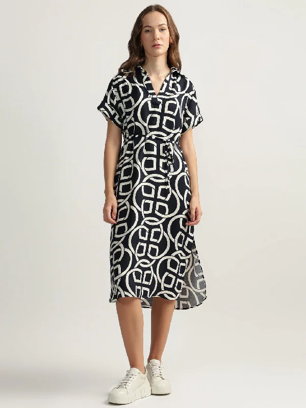 Gant Women Black Printed Spread Collar Short Sleeves A-line Dress