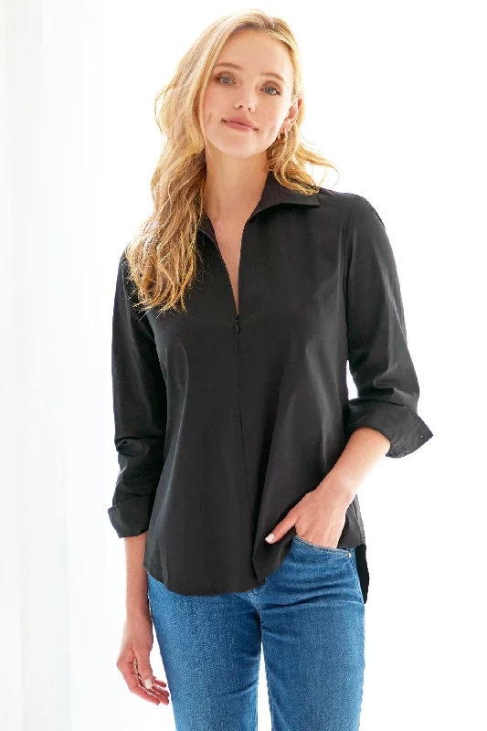 Endora Long Sleeve Half Zip Black Poplin Shirt