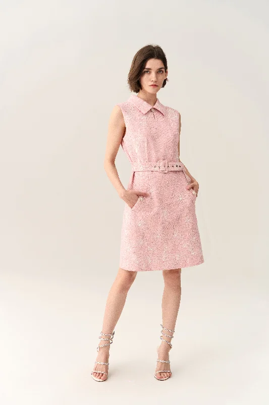 Pink Collar Belted Tweed Sleeveless Dress