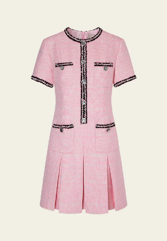 Black Trimmed Pink Tweed Pleated Dress