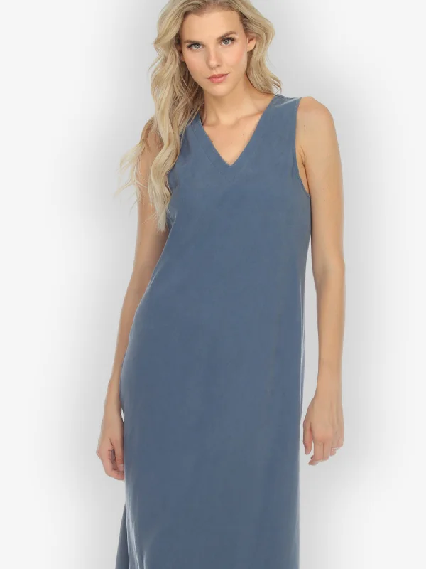 Bias Cut V-neck Blue Dress