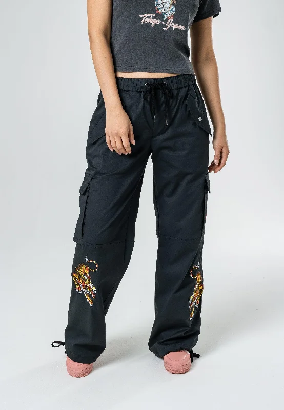 Womens Tiger Cargo Pants Trousers - Black