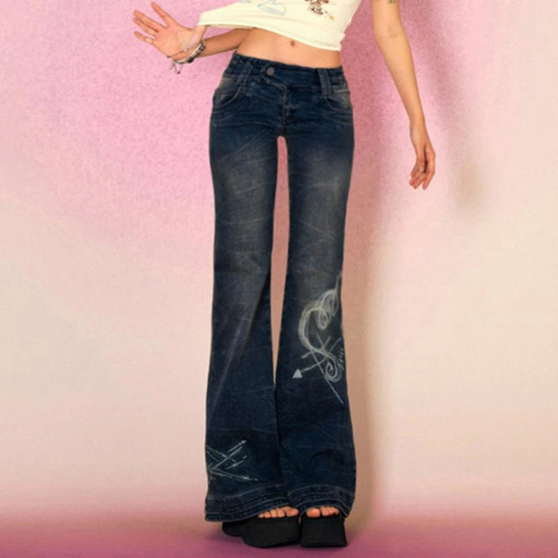 Y2K Grunge Fairycore Chic Skinny Low Rise Flared Vintage Aesthetic Heart Printed Boot Cut Jean