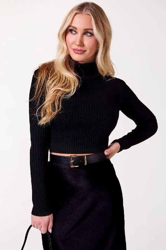 Hazy Black Ribbed Crop Turtleneck Top