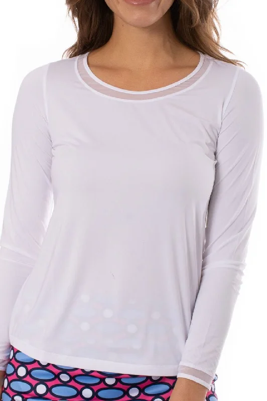 White Long Sleeve Mesh Trim Top