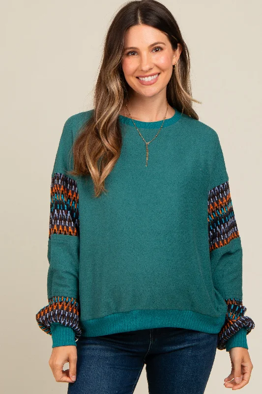 Teal Knit Contrast Sleeve Maternity Pullover