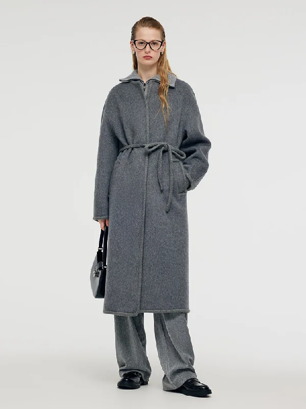 Alpaca Wool Women Overcoat With Knit Belt