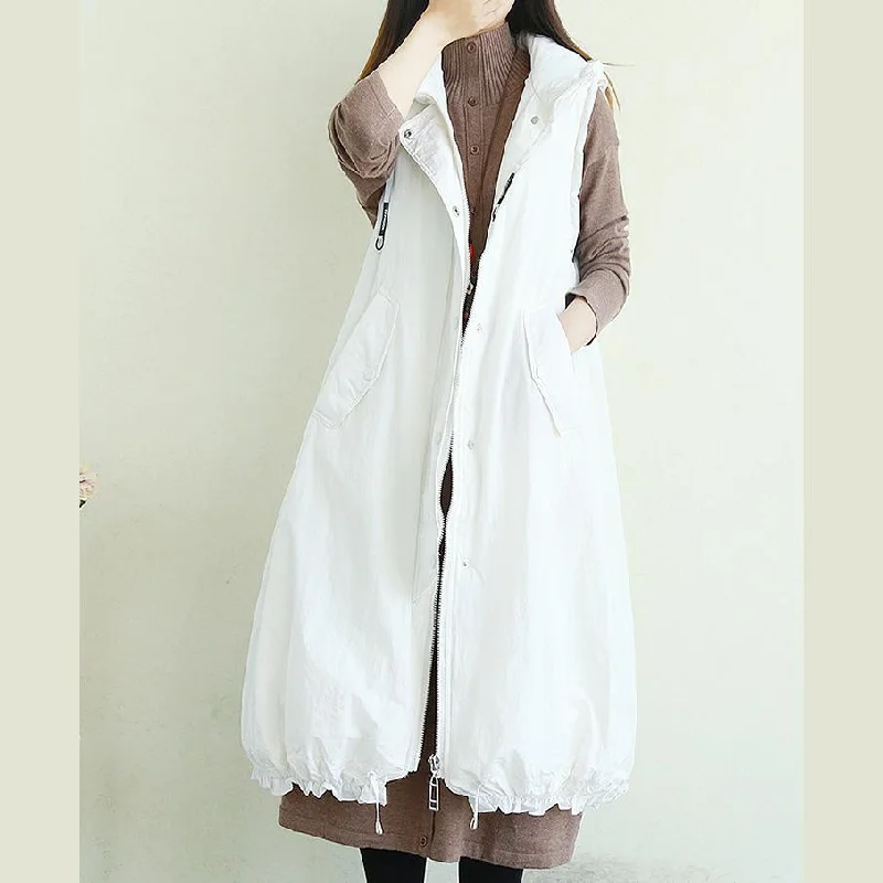 Handmade white Plus Size trench coat pattern hooded pockets sleeveless jackets