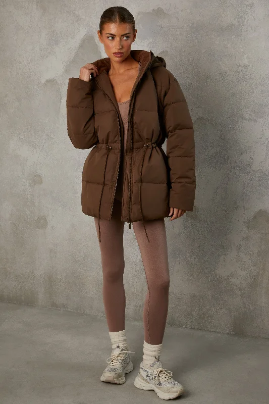 Mid Length Hooded Puffer Coat in Cocoa Brown