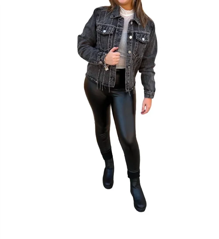 Sofia Denim Jacket With Diamond Trim Detail In Black