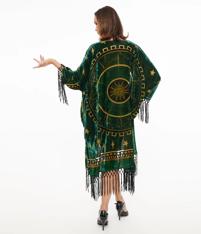 Unique Vintage 1930s Emerald & Gold Zodiac Burnout Velvet Fringe Kimono