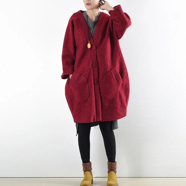 winter new burgundy fashion woolen casual outwear plus size cozy autumn coats