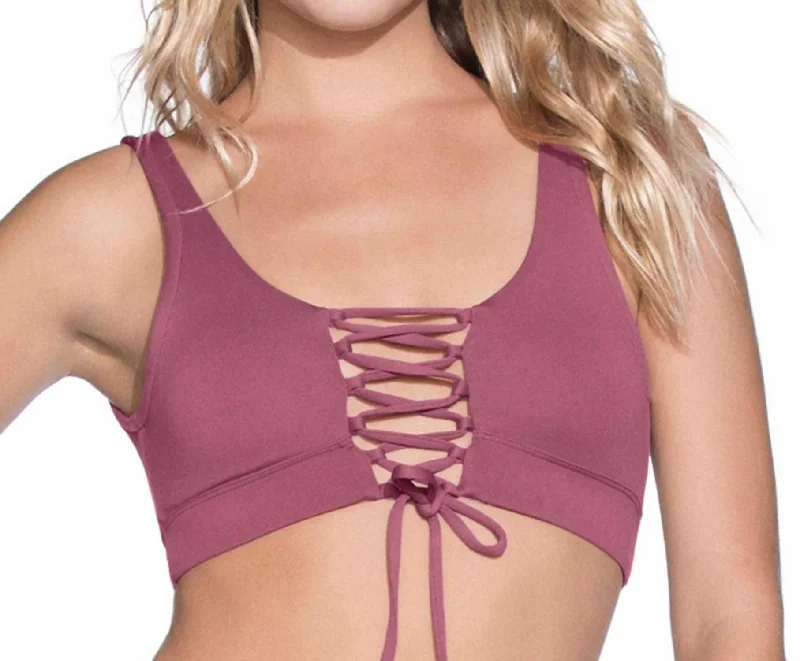 Reversible Lace Up 4-Way Halter Bikini Top In Maa Juneberry