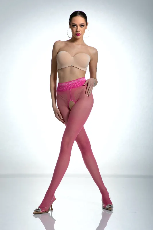 Amour Hip Lace Crotchless Tights - Pink Bonbon